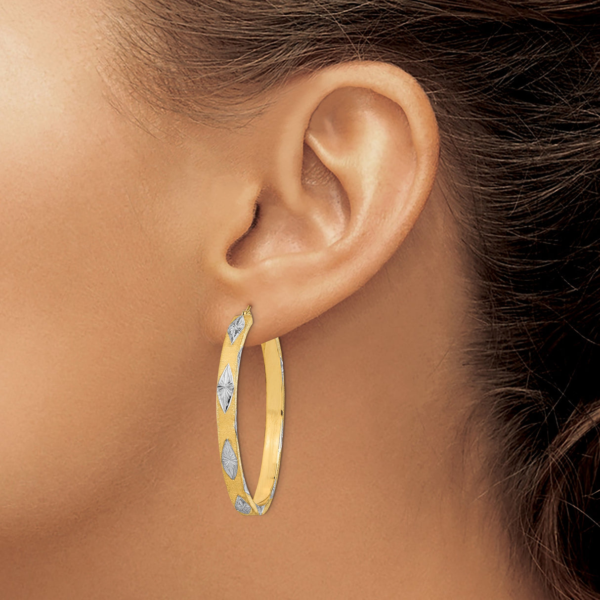 14k Yellow Gold Hoop Earrings with Diamond-Cut Marquise Accents, Two-Tone Textured Design