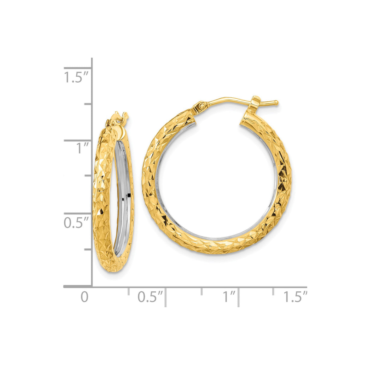 14k Yellow Gold Hoop Earrings, Textured Diamond Cut Finish, Two Tone Polished Style