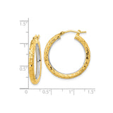 14k Yellow Gold Hoop Earrings, Textured Diamond Cut Finish, Two Tone Polished Style
