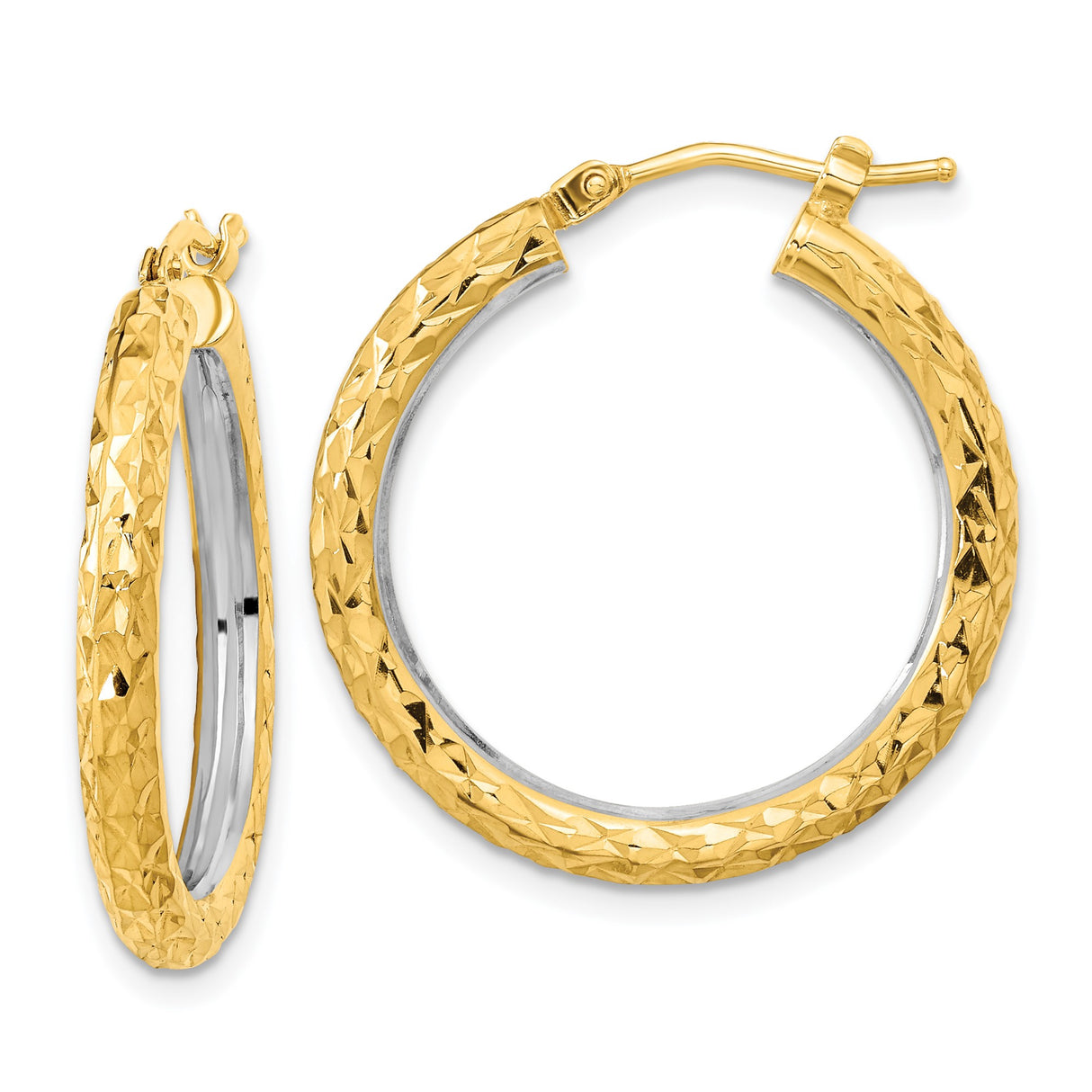 14k Yellow Gold Hoop Earrings, Textured Diamond Cut Finish, Two Tone Polished Style