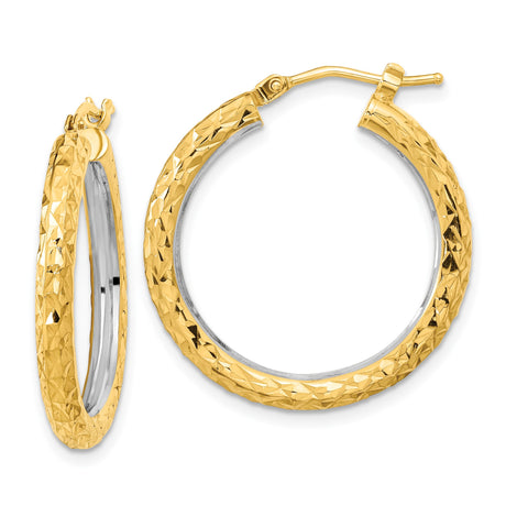 14k Yellow Gold Hoop Earrings, Textured Diamond Cut Finish, Two Tone Polished Style