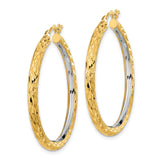 14k Yellow Gold Hoop Earrings with Diamond Cut Textured Two-Tone Design, Latch Back