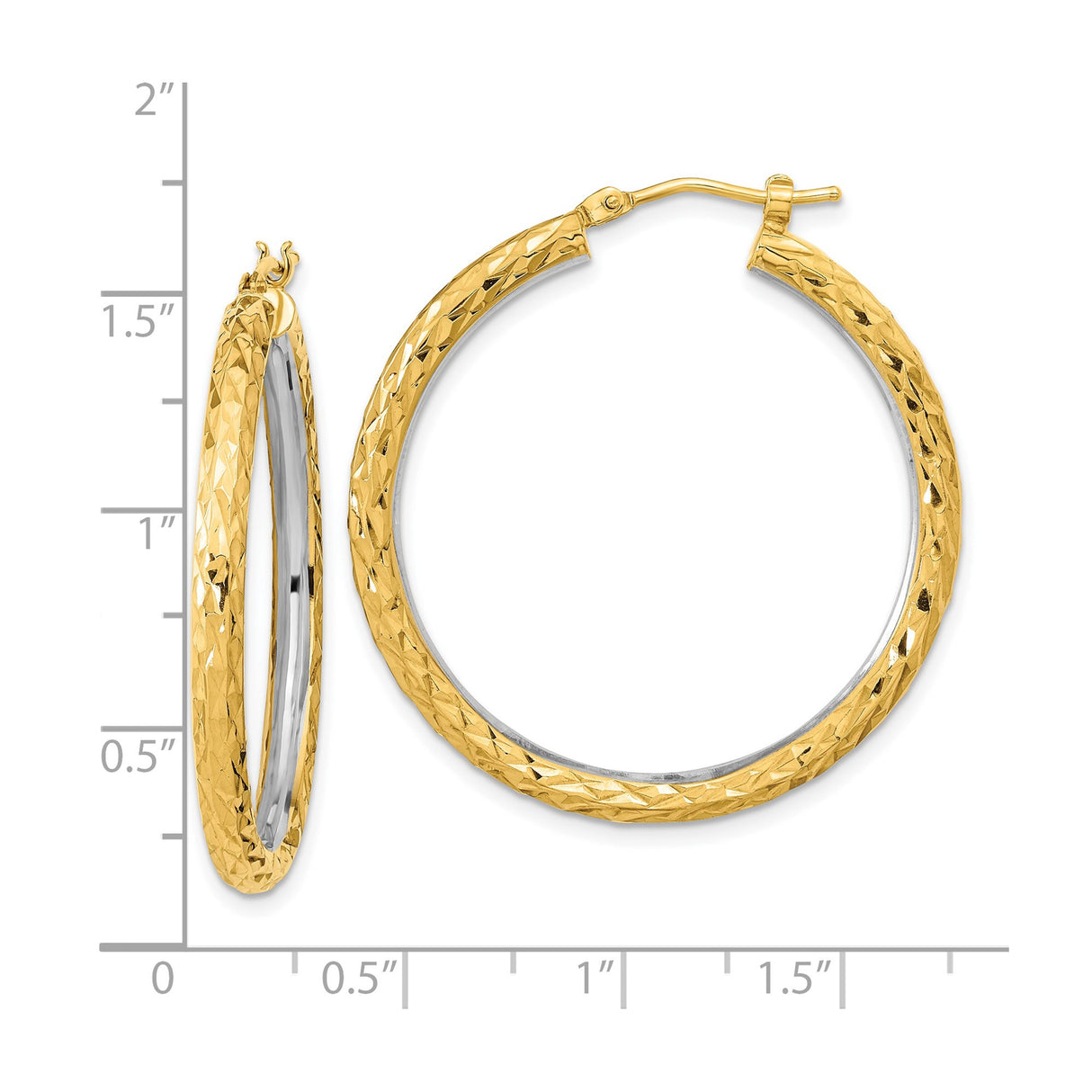 14k Yellow Gold Hoop Earrings with Diamond Cut Textured Two-Tone Design, Latch Back