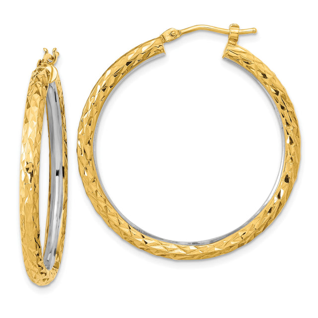 14k Yellow Gold Hoop Earrings with Diamond Cut Textured Two-Tone Design, Latch Back