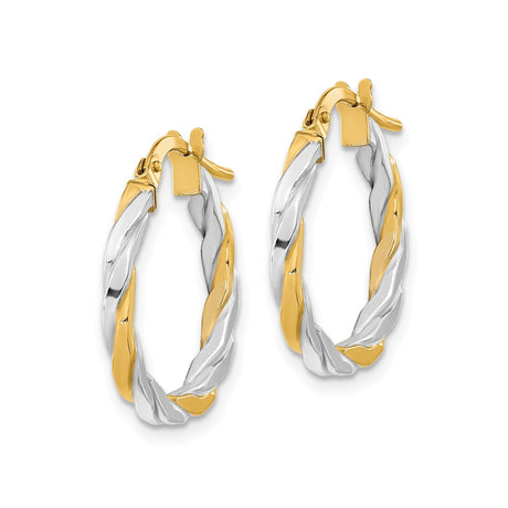 14k Yellow Gold Hoop Earrings with White Rhodium Twist, Two-Tone Lightweight Design for Women
