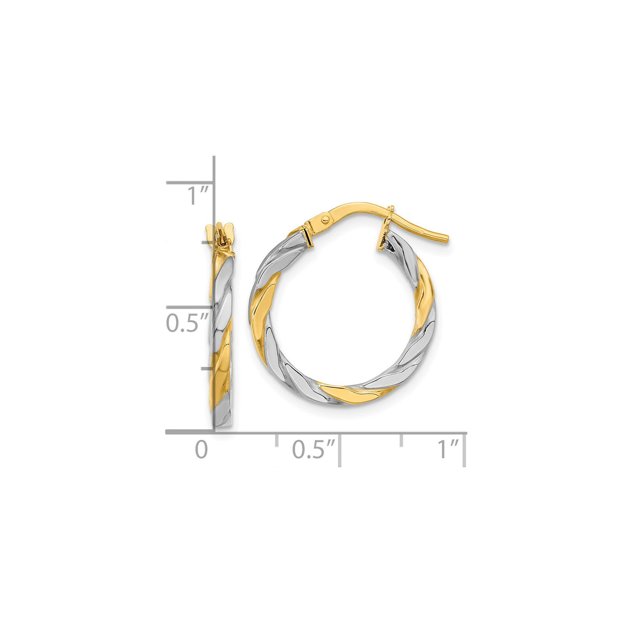 14k Yellow Gold Hoop Earrings with White Rhodium Twist, Two-Tone Lightweight Design for Women