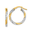 14k Yellow Gold Hoop Earrings with White Rhodium Twist, Two-Tone Lightweight Design for Women
