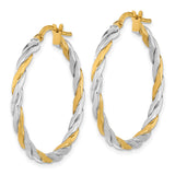 14k Yellow and White Gold Twisted Hoop Earrings, Italian Braided Design for Women