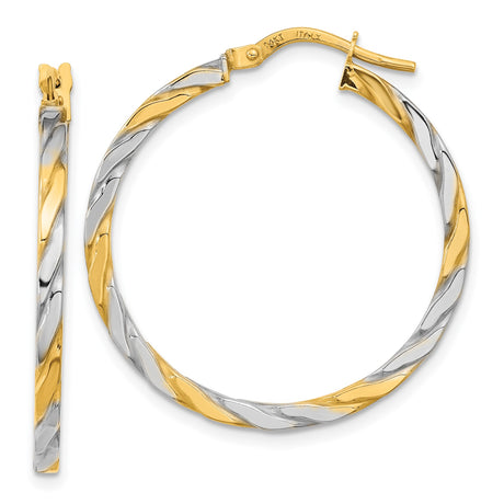 14k Yellow and White Gold Twisted Hoop Earrings, Italian Braided Design for Women