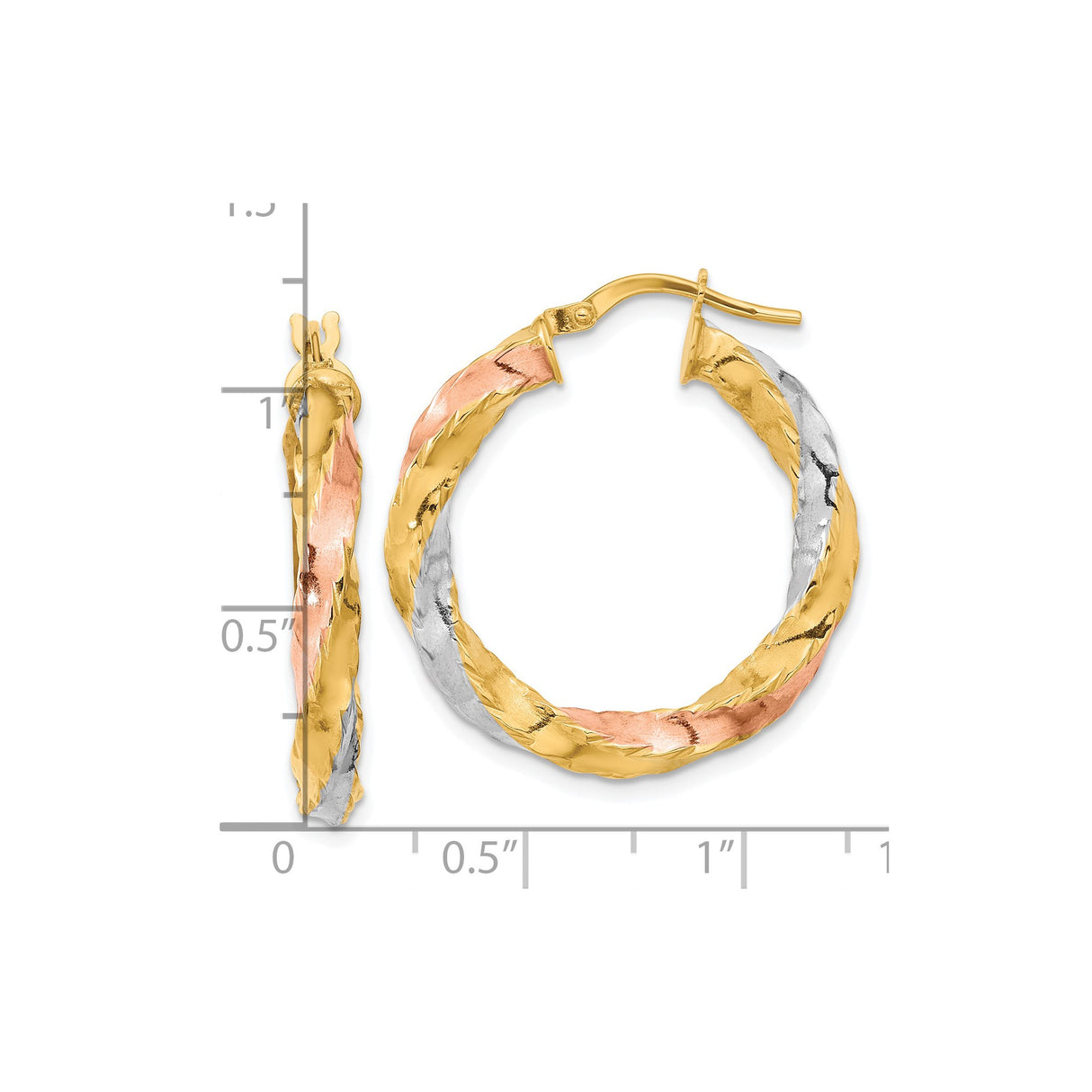 14k Yellow Gold Hoop Earrings, Tri-Color Twisted Braided Design for Women