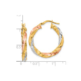 14k Yellow Gold Hoop Earrings, Tri-Color Twisted Braided Design for Women