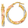 14k Yellow Gold Hoop Earrings, Tri-Color Twisted Braided Design for Women