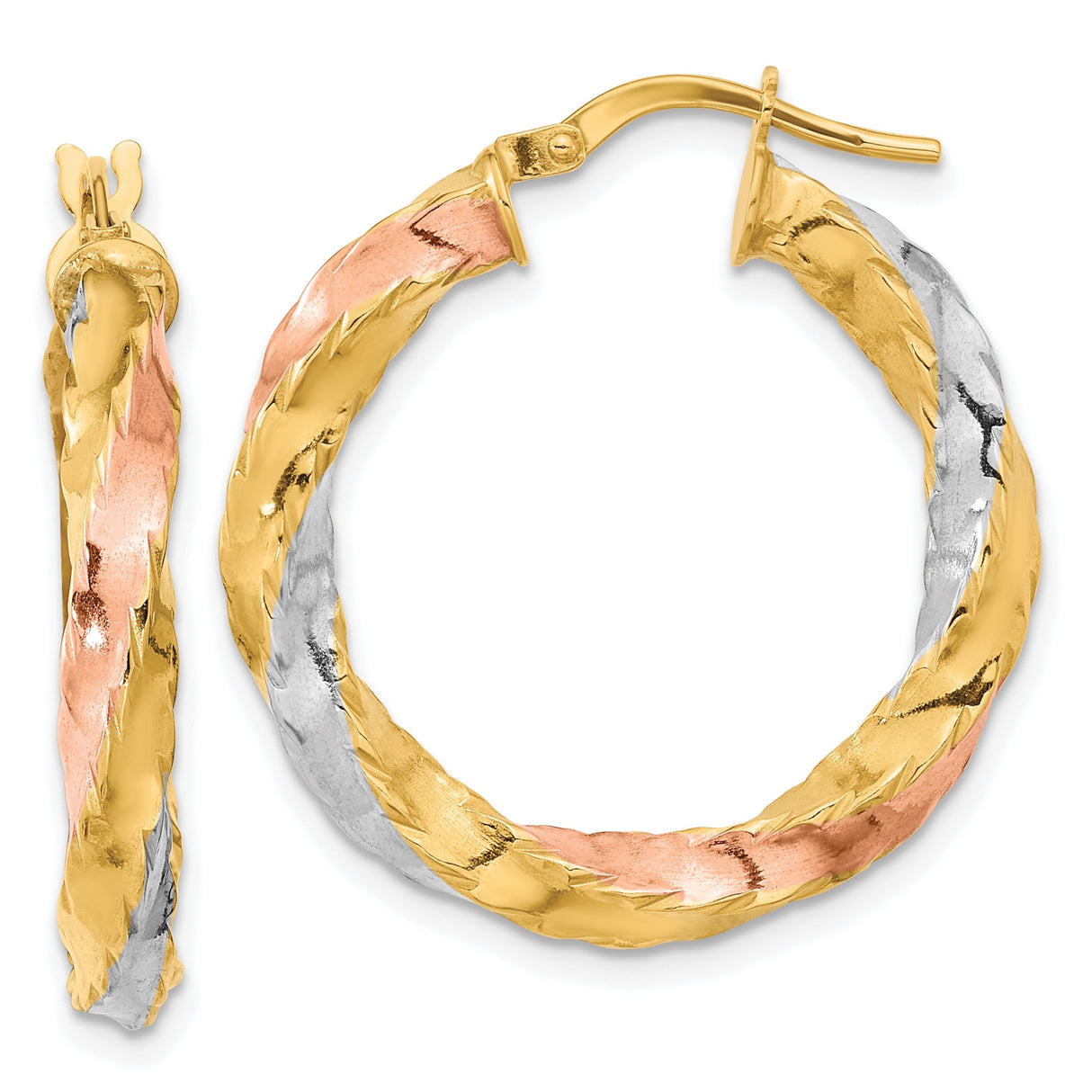 14k Yellow Gold Hoop Earrings, Tri-Color Twisted Braided Design for Women