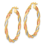 14k Yellow Gold Tri-Color Twisted Hoop Earrings, Braided Textured Design for Women