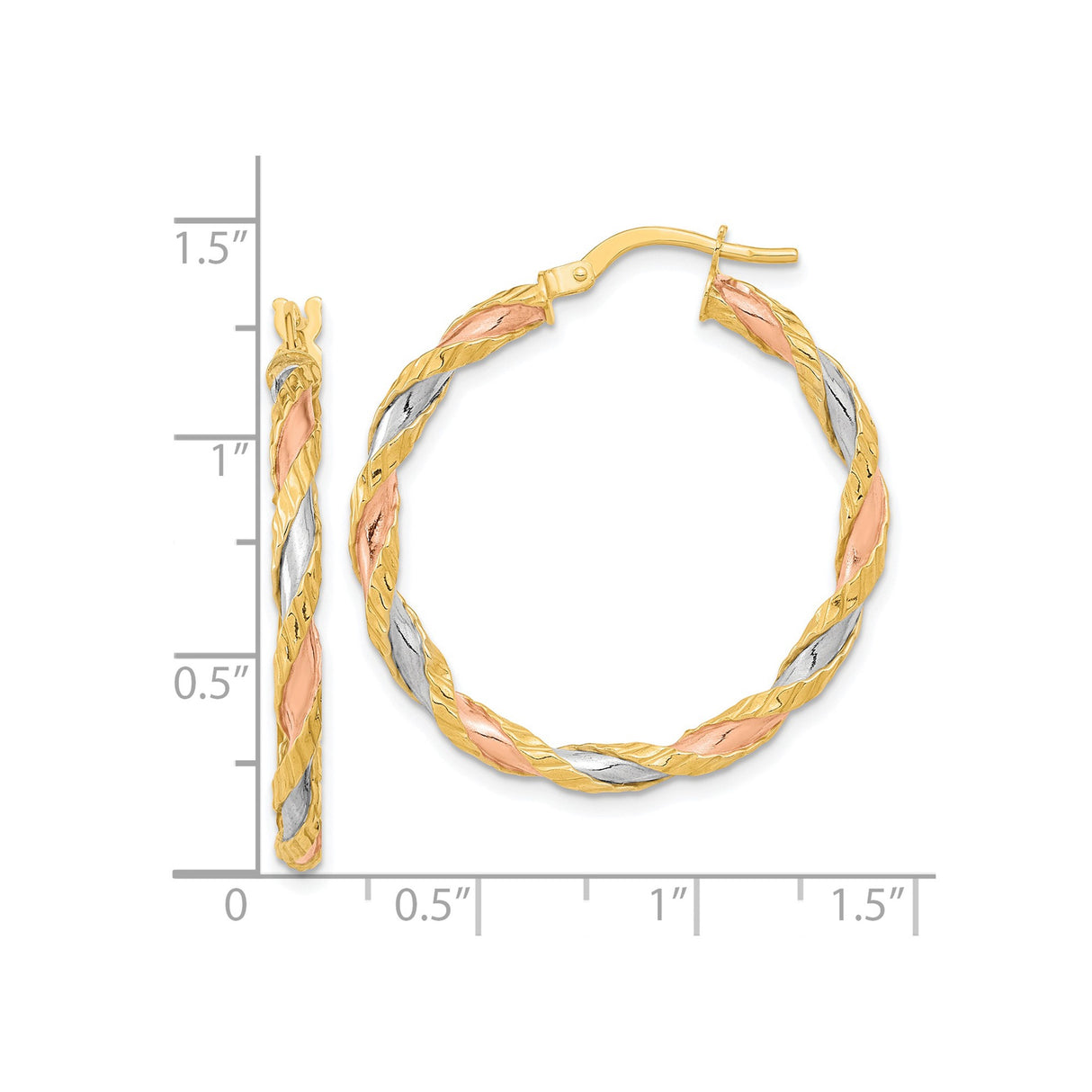 14k Yellow Gold Tri-Color Twisted Hoop Earrings, Braided Textured Design for Women