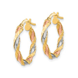 14k Tri Color Gold Twisted Hoop Earrings with Braided Design for Women