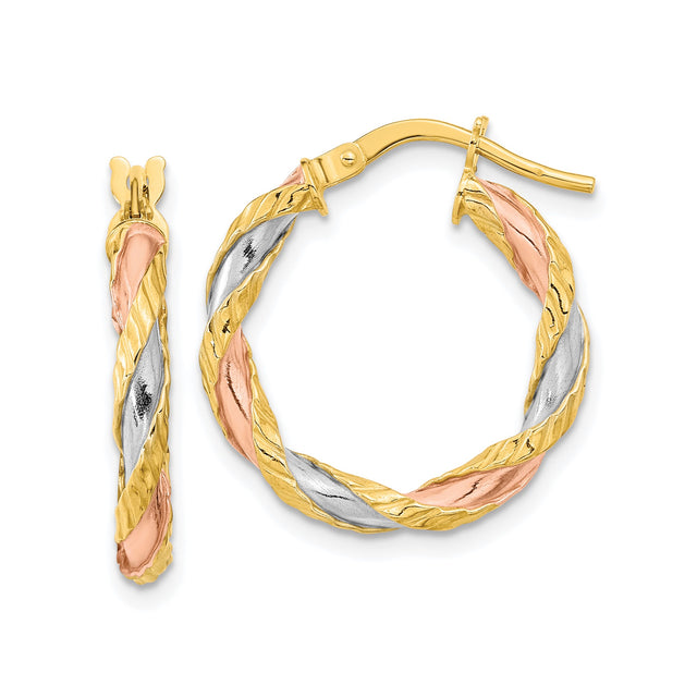 14k Tri Color Gold Twisted Hoop Earrings with Braided Design for Women