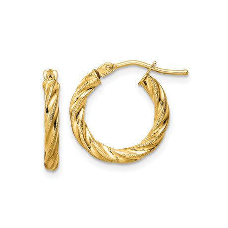 14k Yellow Gold Twisted Hoop Earrings, Textured and Polished Finish, Lightweight Round Design
