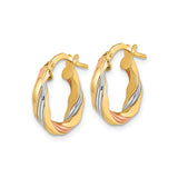 14k Tri Color Gold Twisted Hoop Earrings with Polished and Textured Swirl Design for Women