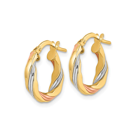14k Tri Color Gold Twisted Hoop Earrings with Polished and Textured Swirl Design for Women