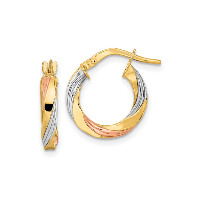 14k Tri Color Gold Twisted Hoop Earrings with Polished and Textured Swirl Design for Women