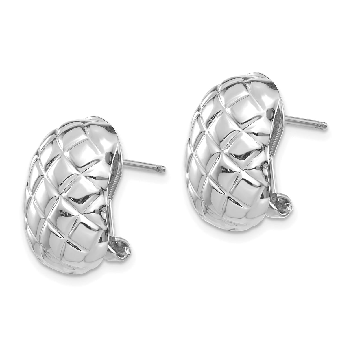 14k White Gold Half Hoop Earrings with Quilted Design and Omega Back Closure