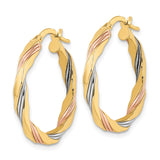 14k Tri Color Gold Hoop Earrings, Twisted Yellow White Rose Gold, Polished Textured Finish
