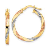 14k Tri Color Gold Hoop Earrings, Twisted Yellow White Rose Gold, Polished Textured Finish
