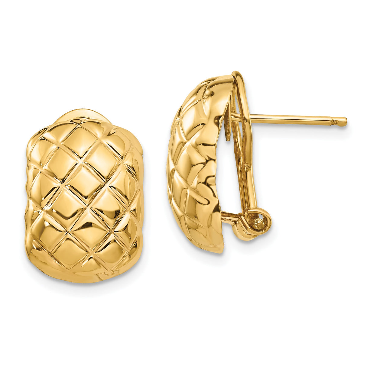 14k Yellow Gold Huggie Hoop Earrings with Quilted Woven Texture and Omega Back Clasp