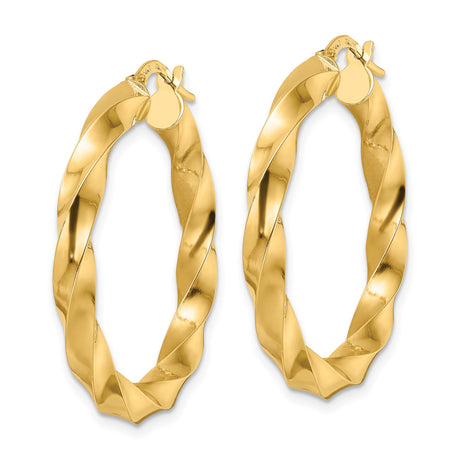14k Yellow Gold Hoop Earrings, Twisted Spiral Design, Lightweight Polished Style for Women