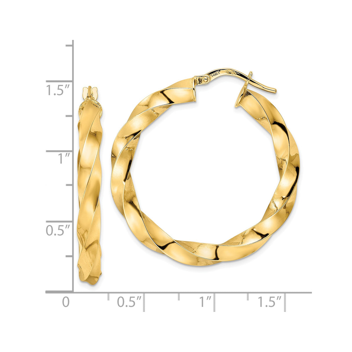 14k Yellow Gold Hoop Earrings, Twisted Spiral Design, Lightweight Polished Style for Women