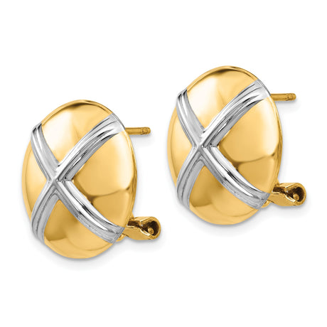 14k Yellow Gold Two-Tone Round Earrings with Bold X and Stylized Cross Design for Women