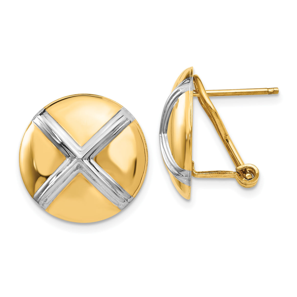 14k Yellow Gold Two-Tone Round Earrings with Bold X and Stylized Cross Design for Women