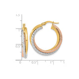 14k Yellow Gold Hoop Earrings with Twisted Textured Tri-Tone Design for Women