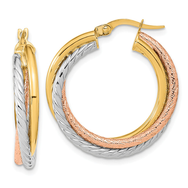14k Yellow Gold Hoop Earrings with Twisted Textured Tri-Tone Design for Women