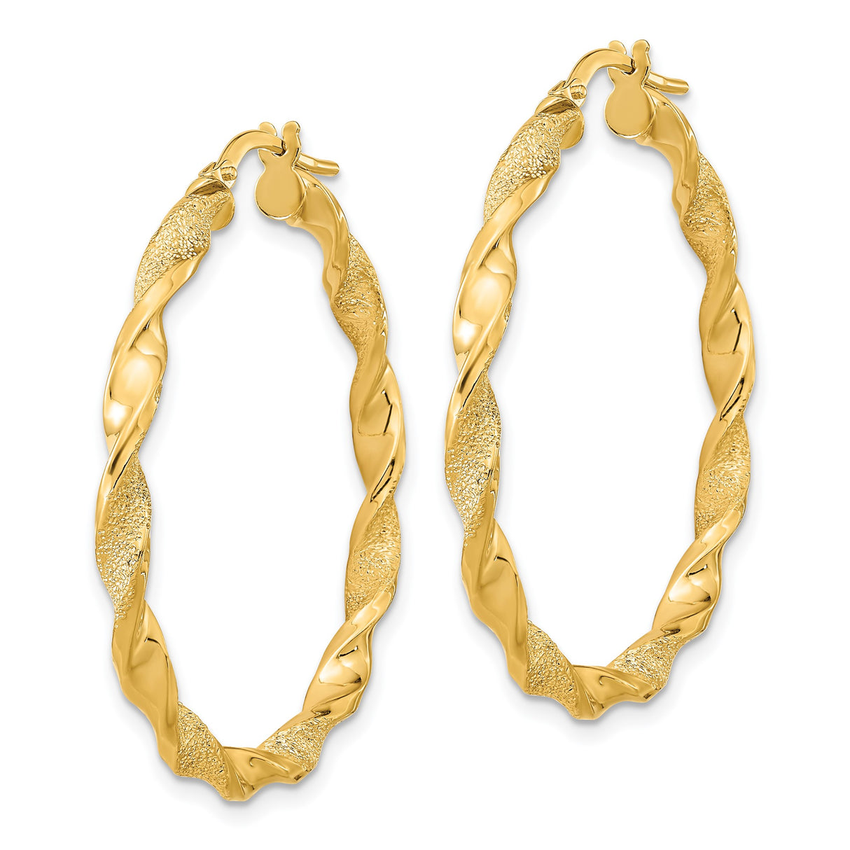14k Yellow Gold Twisted Hoop Earrings, Polished and Textured Spiral Design, Latch-Back Closure