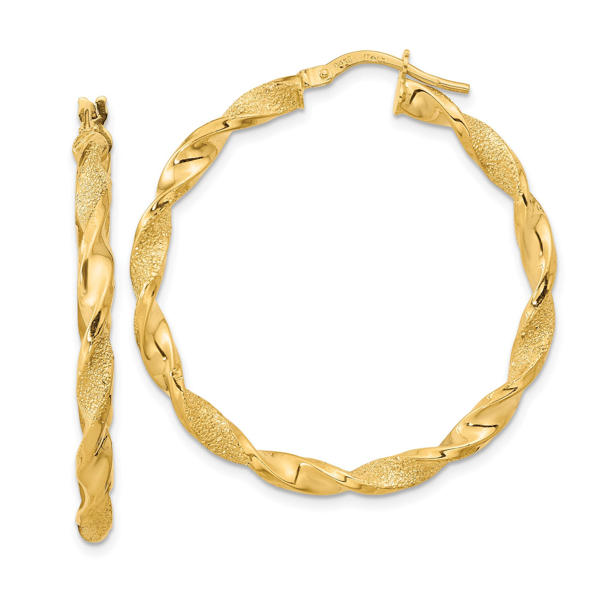 14k Yellow Gold Twisted Hoop Earrings, Polished and Textured Spiral Design, Latch-Back Closure