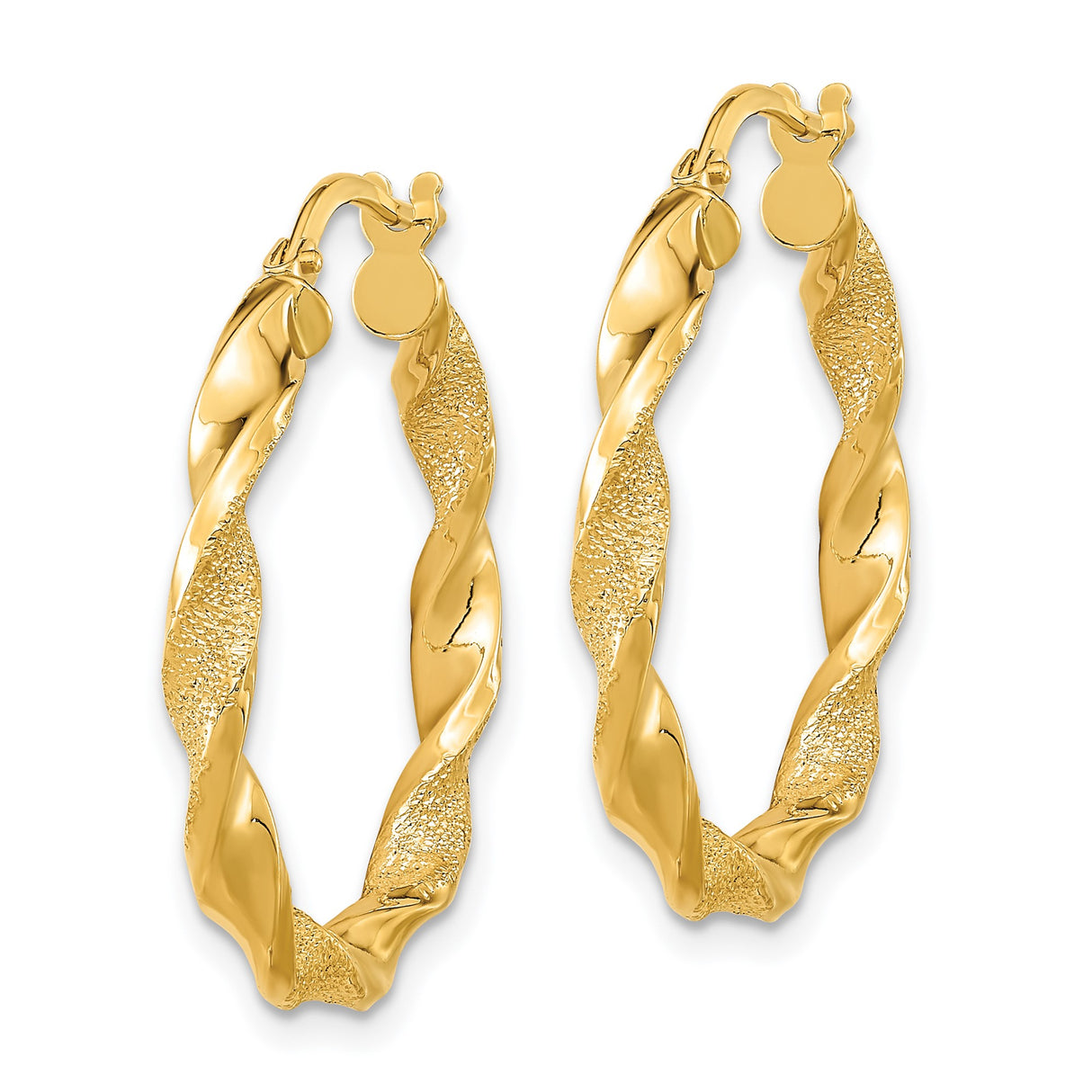 14k Yellow Gold Twisted Hoop Earrings, Matte Polished Finish, Textured Modern Design