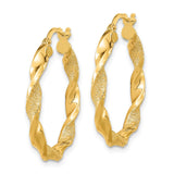 14k Yellow Gold Twisted Hoop Earrings, Matte Polished Finish, Textured Modern Design