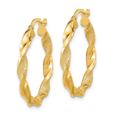 14k Yellow Gold Twisted Hoop Earrings, Matte Polished Finish, Textured Modern Design