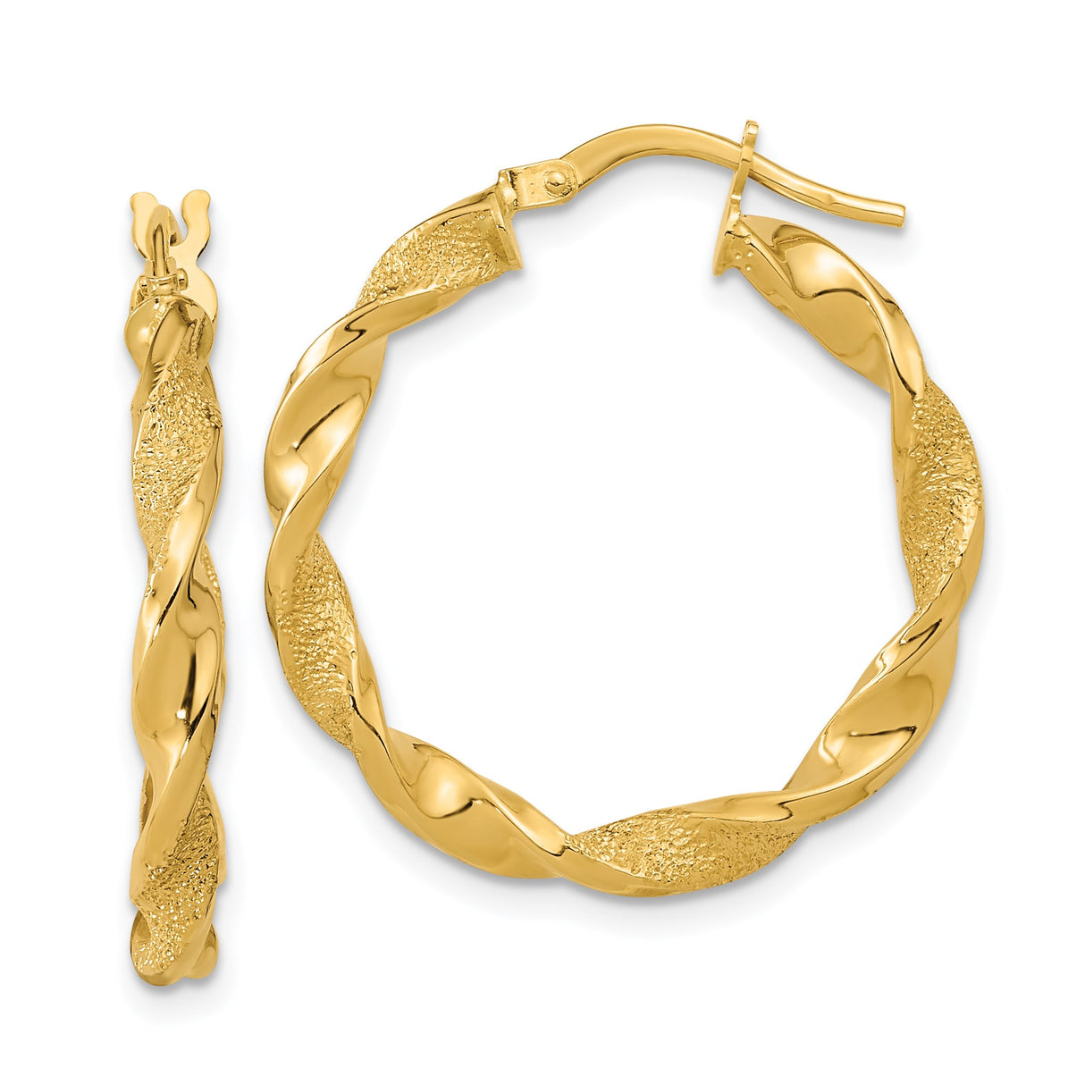 14k Yellow Gold Twisted Hoop Earrings, Matte Polished Finish, Textured Modern Design