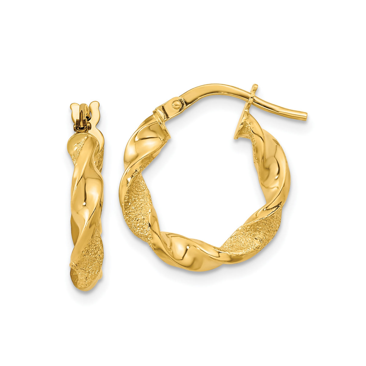 14k Yellow Gold Twisted Hoop Earrings, Polished Rope Style with Textured Finish