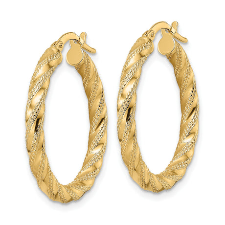 14k Yellow Gold Twisted Hoop Earrings, Textured Diamond Cut Lightweight Design for Women