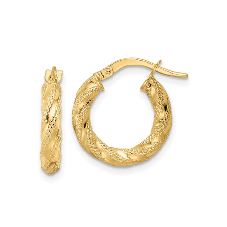 14k Yellow Gold Twisted Rope Hoop Earrings, Textured with Diamond-Cut Detail, High-Polish Finish