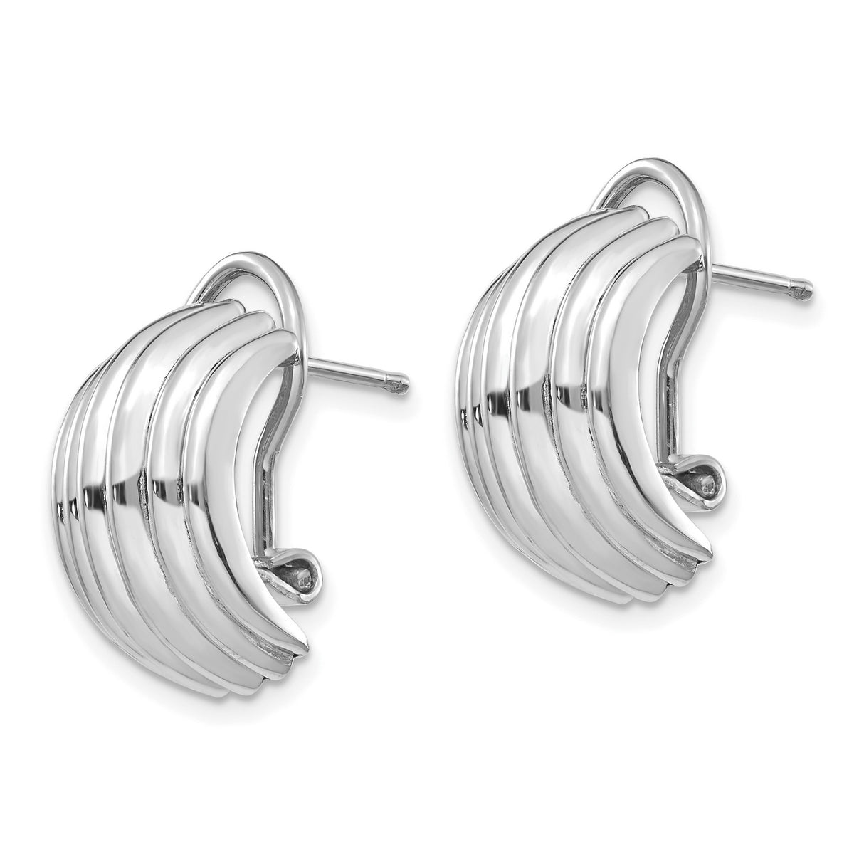 14k White Gold Hoop Earrings with Ribbed Multi-Band Design and Omega Back Closure