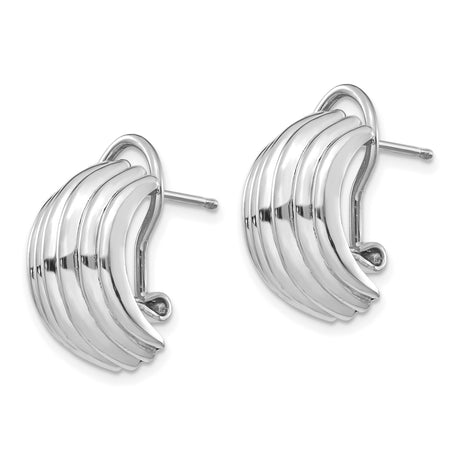 14k White Gold Hoop Earrings with Ribbed Multi-Band Design and Omega Back Closure