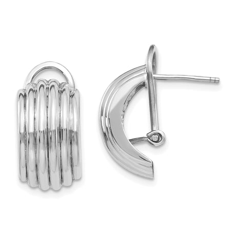 14k White Gold Hoop Earrings with Ribbed Multi-Band Design and Omega Back Closure