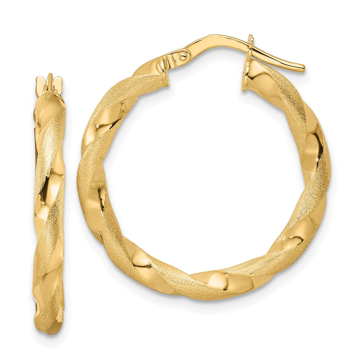 14k Yellow Gold Hoop Earrings with Twisted Interwoven Design, Satin and Shiny Finish