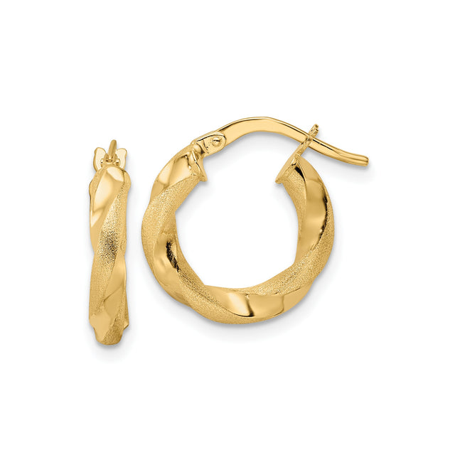 14k Yellow Gold Twisted Hoop Earrings with Textured and Polished Finish
