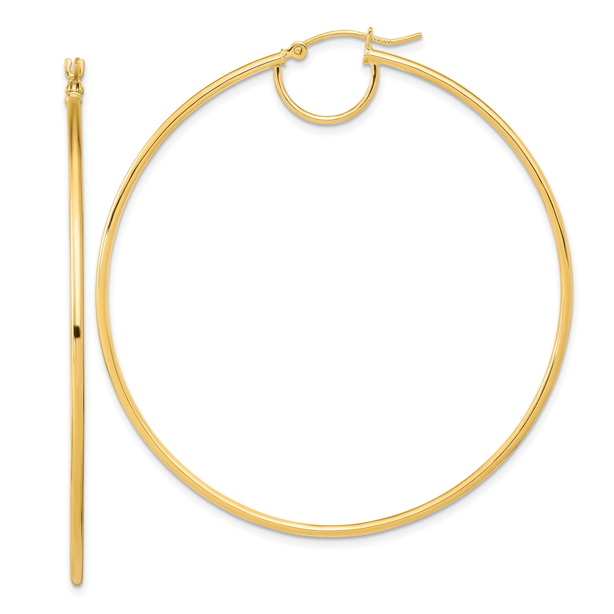 14k Yellow Gold Hoop Earrings, Large Smooth Round Polished Latch-Back Design for Women